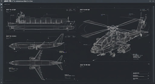 Technical blueprints of field assets: cargo ship, aircraft and helicopter