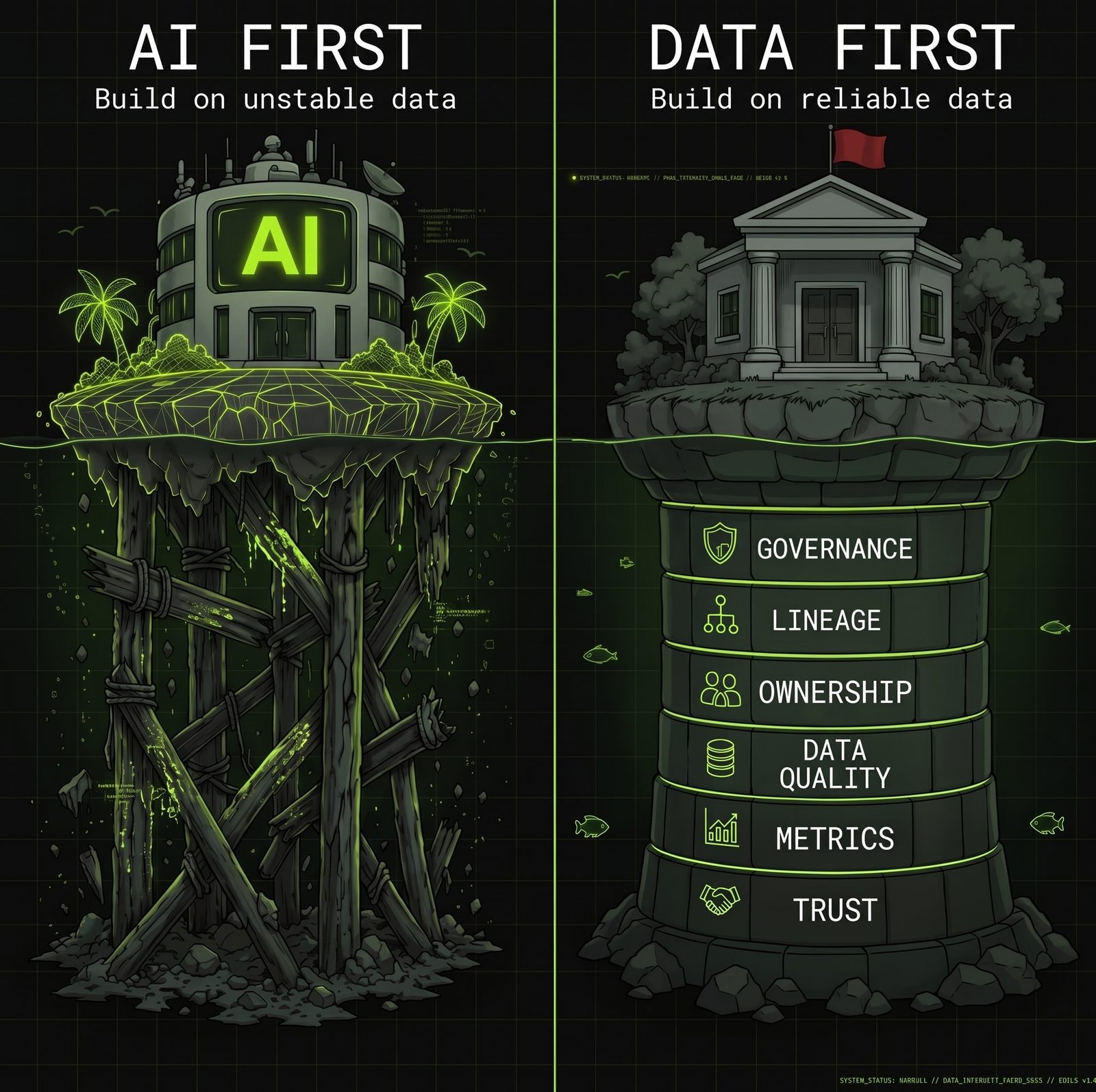 AI first versus data first: an AI building propped on crooked stilts over water, versus the same building on a solid stone foundation whose courses read governance, lineage, ownership, data quality, metrics and trust.
