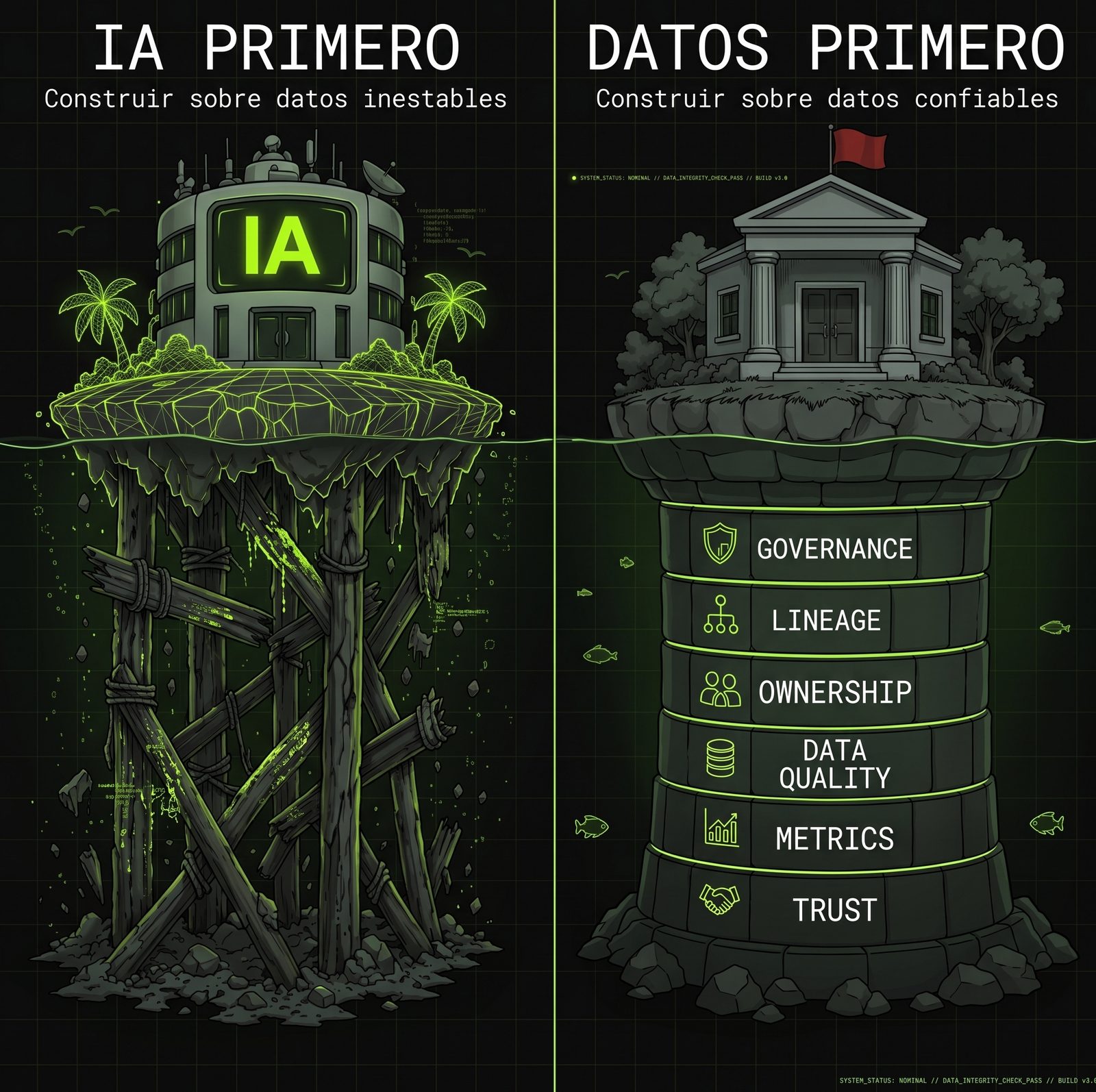 IA primero frente a datos primero: un edificio de IA apuntalado sobre pilotes torcidos sobre el agua, frente al mismo edificio sobre un cimiento de piedra cuyos sillares llevan gobierno, linaje, propiedad, calidad del dato, métricas y confianza.